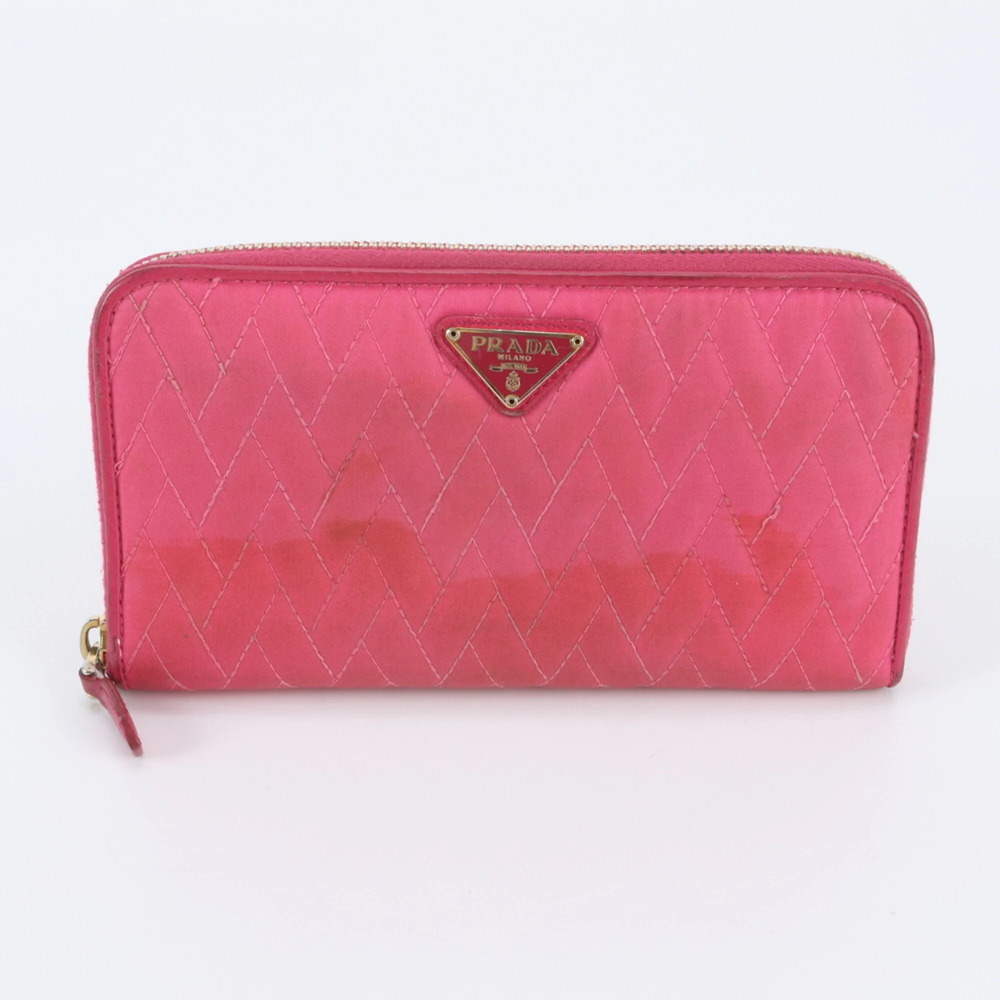 Prada Quilted Nylon Triangle Logo Leather Long Wallet, Round Zipper, Women's